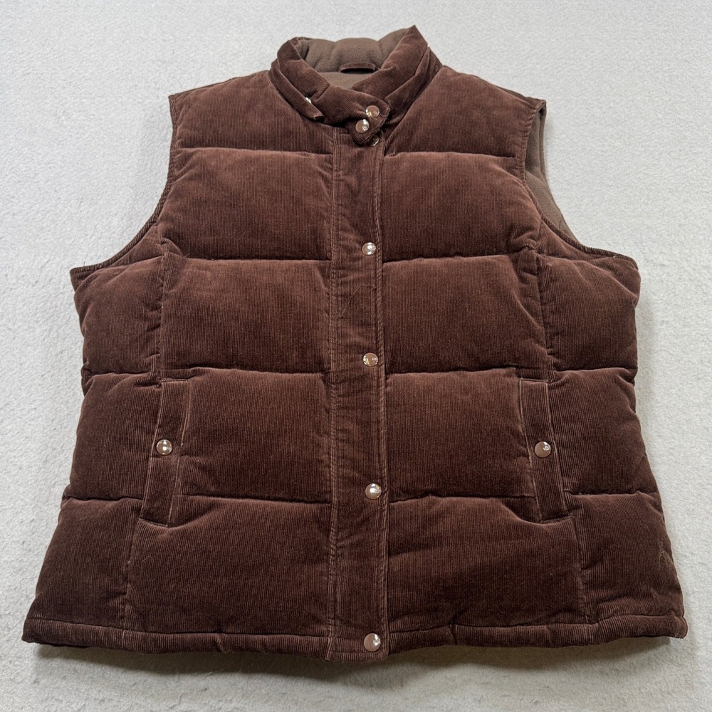 GAP Puffer Vest Womens XL Brown Corduroy Fleece Lined Quilted Pearl Snap Hiking